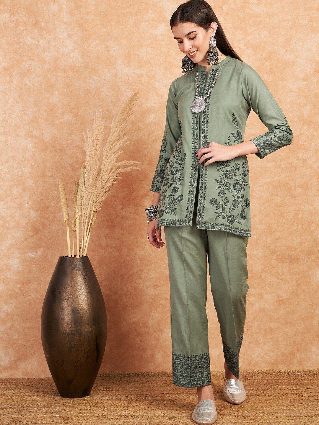 sangria green floral woven design pashmina kurti with trousers