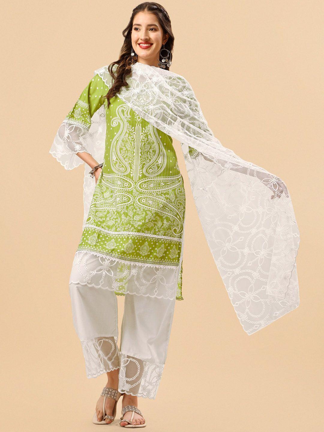 sangria green paisley printed thread work straight kurta & trousers with dupatta