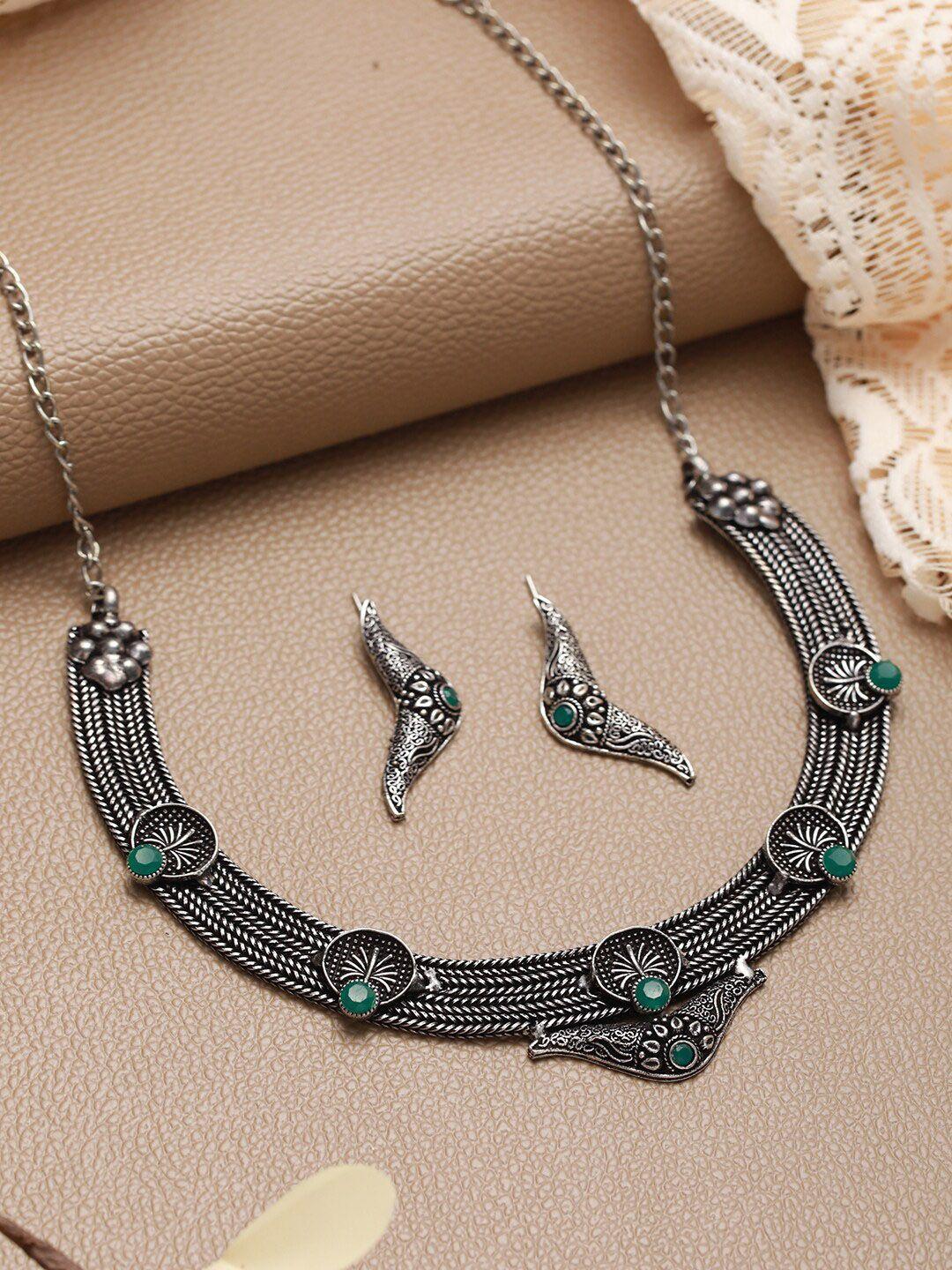 sangria green silver-plated stone studded oxidised jewellery set