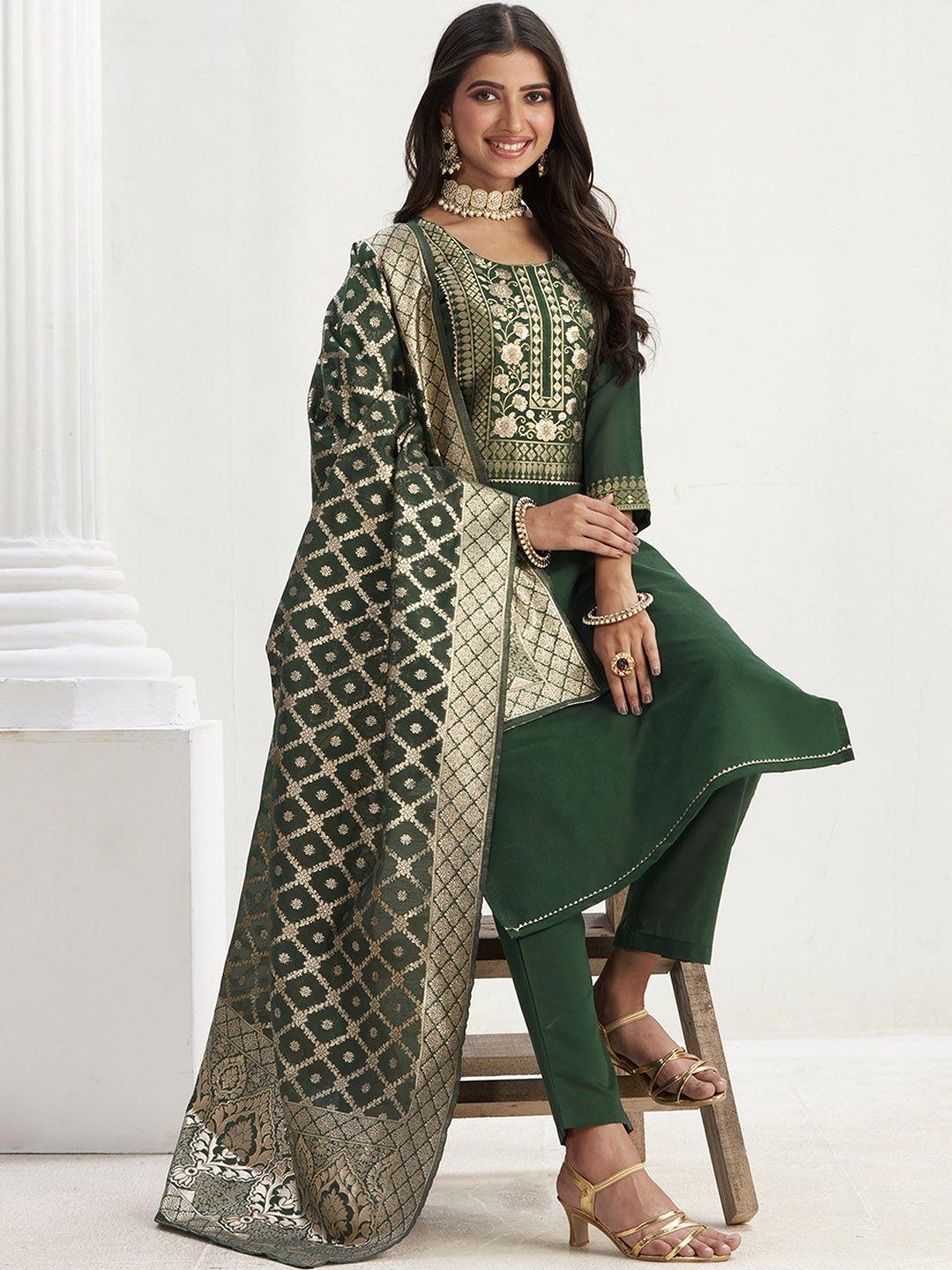 sangria green woven design gotta patti straight kurta with trouser & dupatta