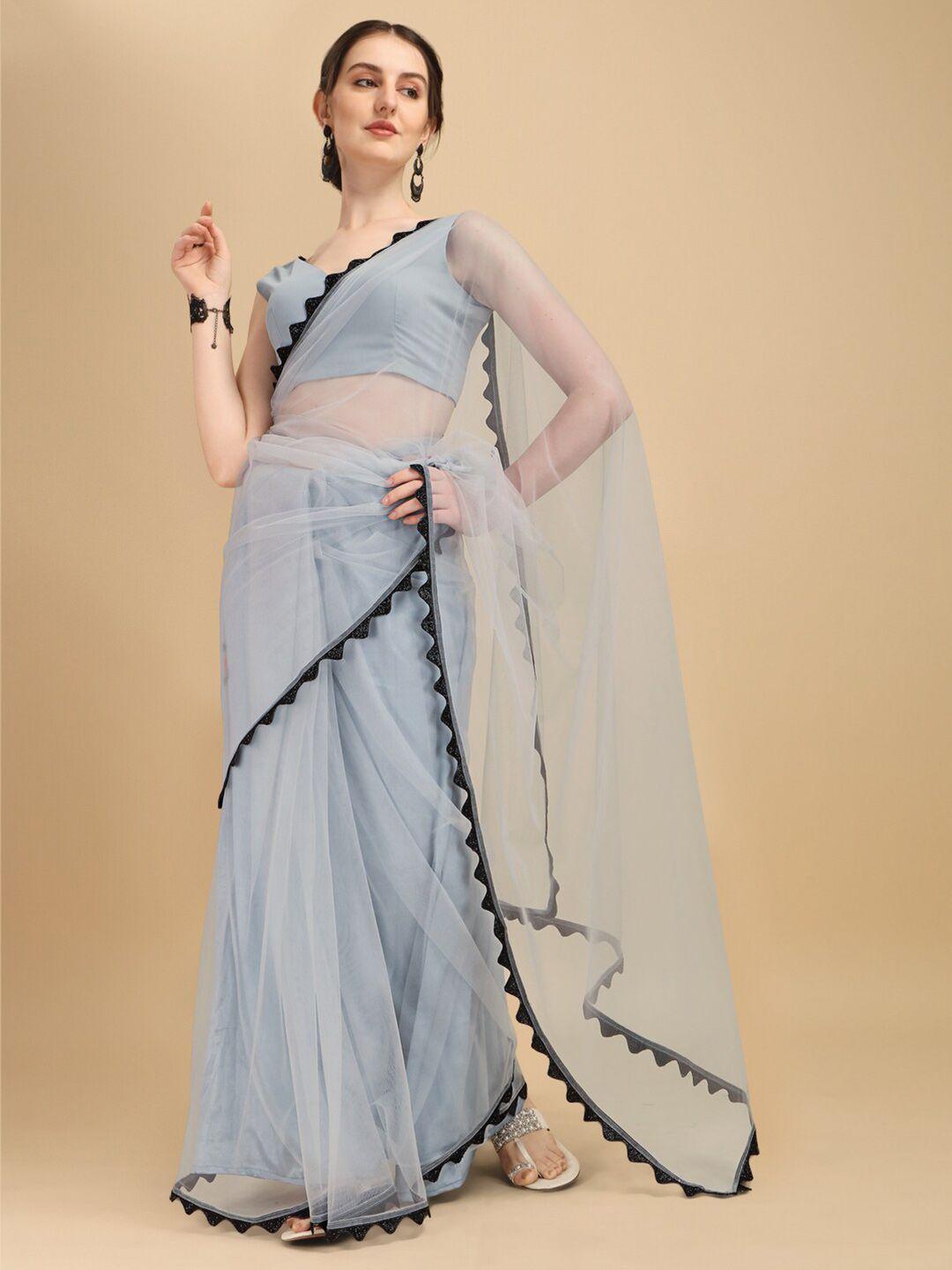 sangria grey & black beads and stones net saree with embellished border