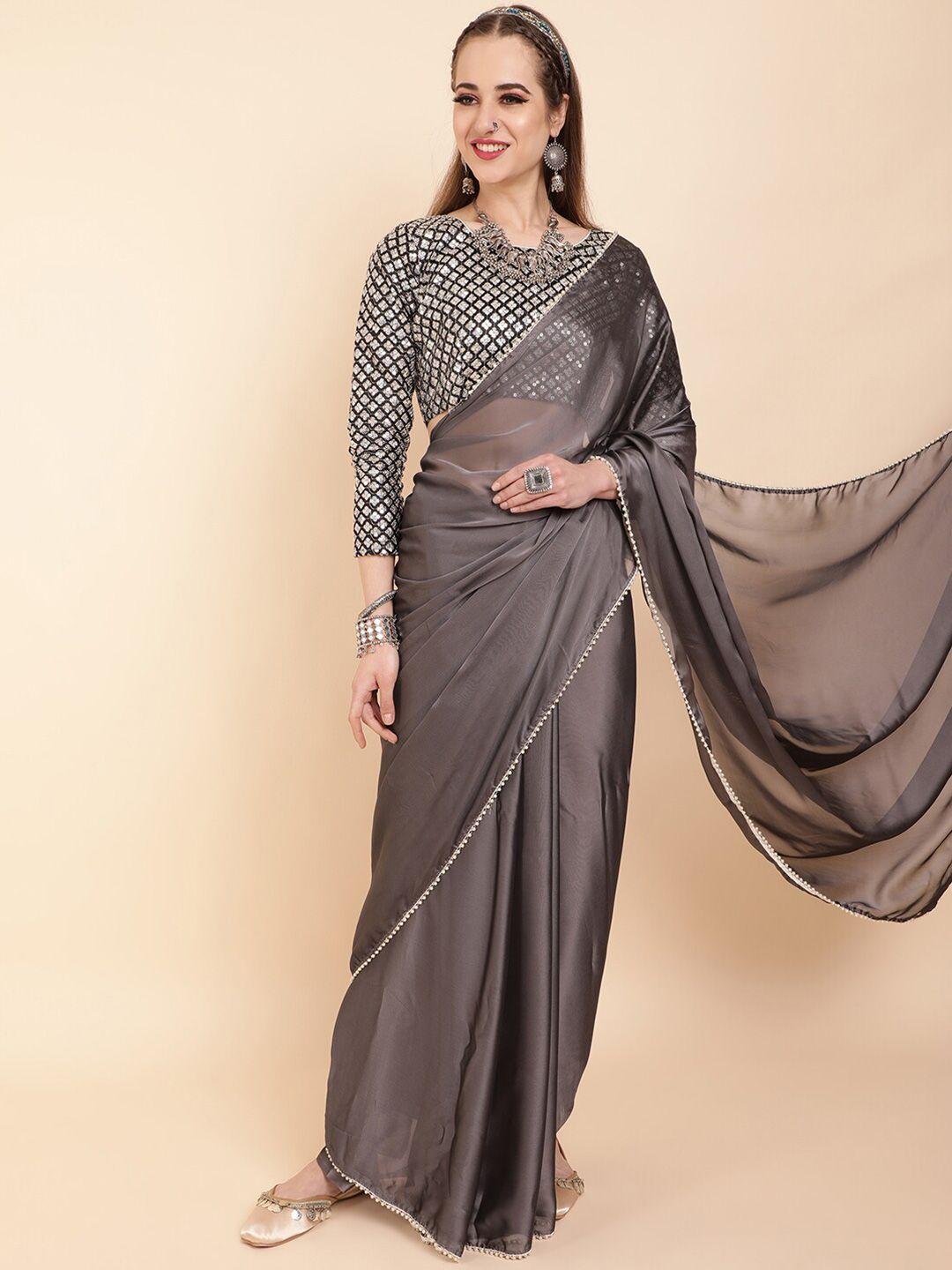 sangria grey & gold-toned colourblocked sequinned satin saree