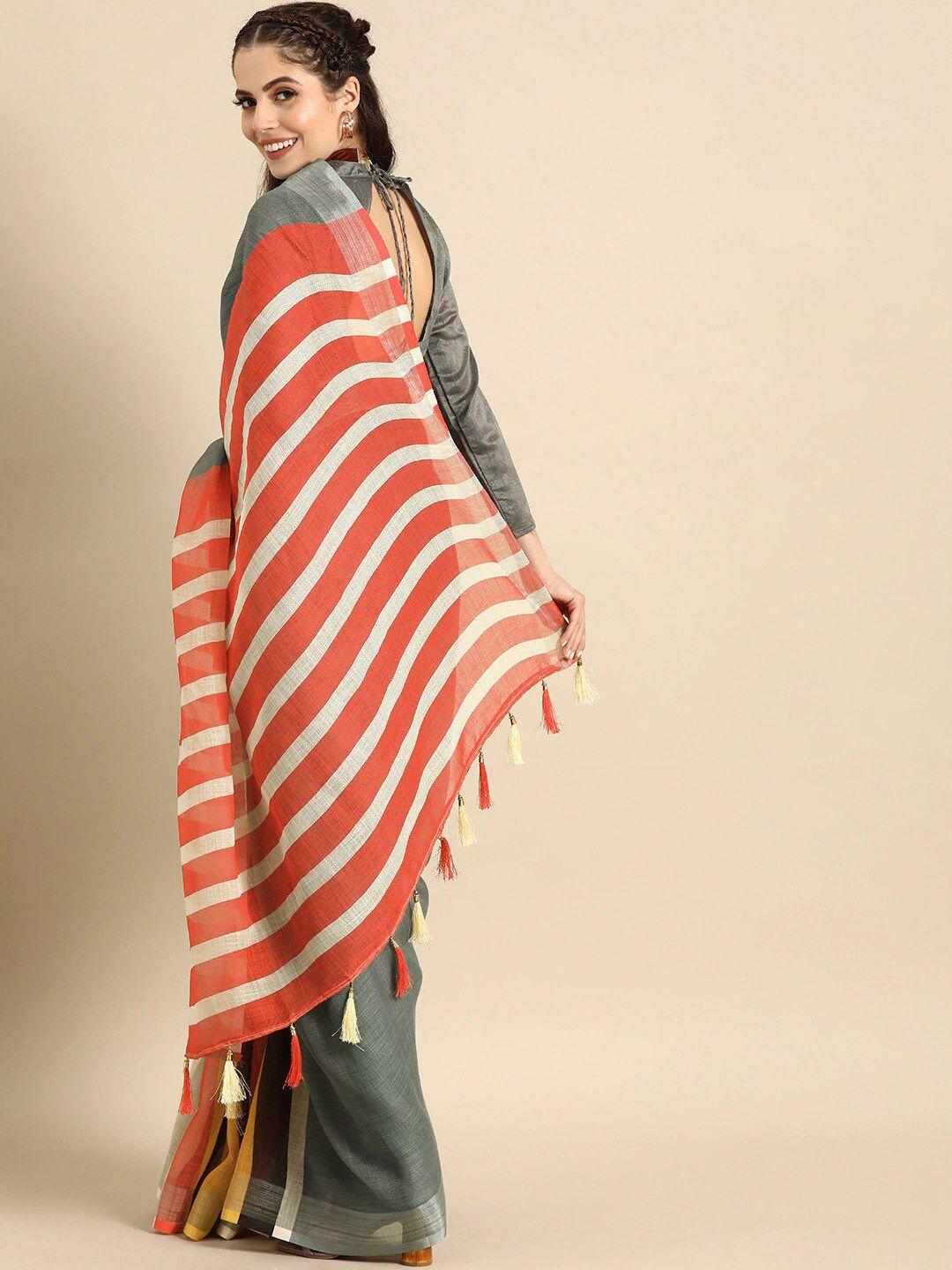 sangria grey & red striped pure linen saree