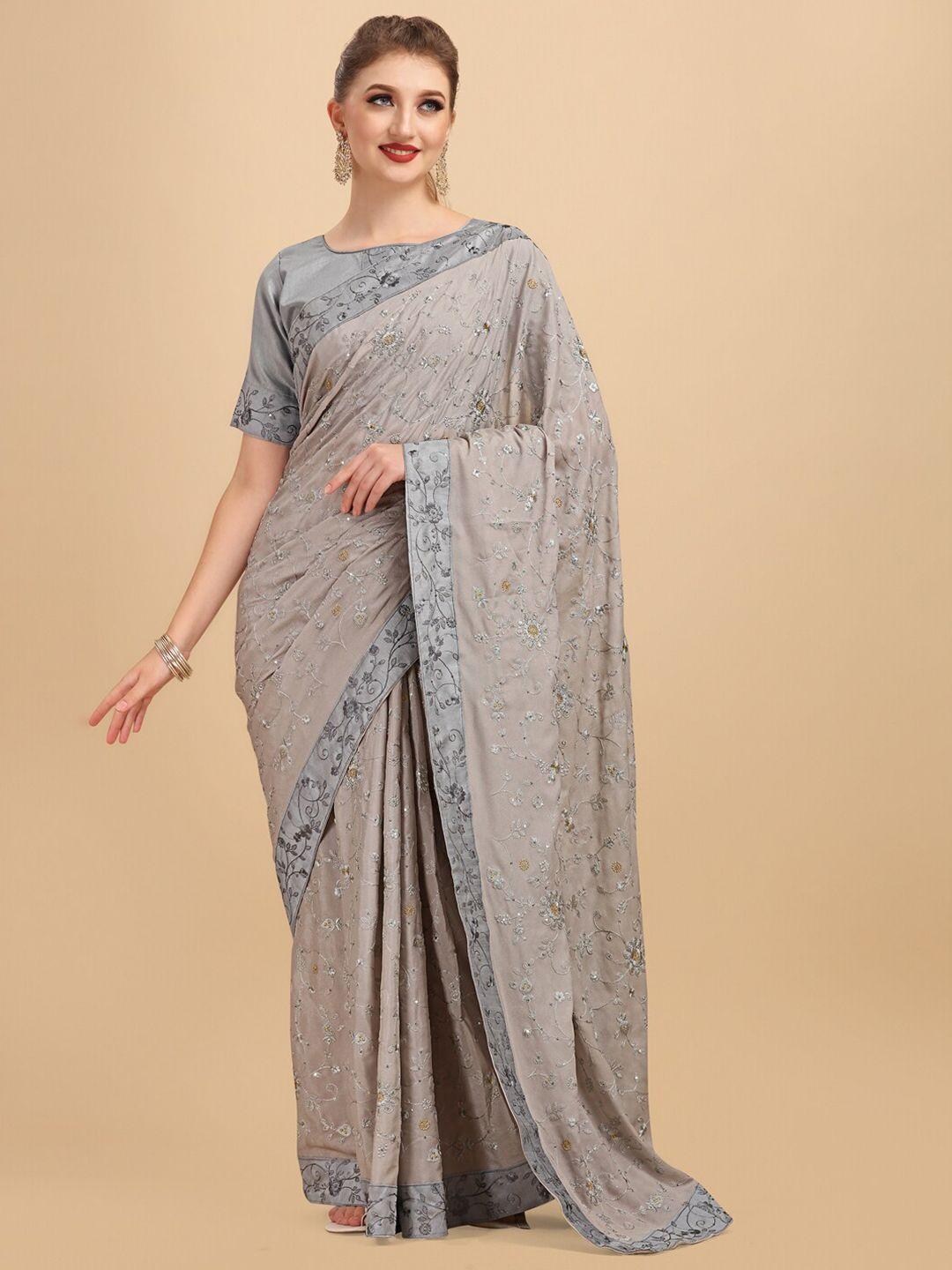 sangria grey & silver-toned floral embroidered silk blend heavy work saree