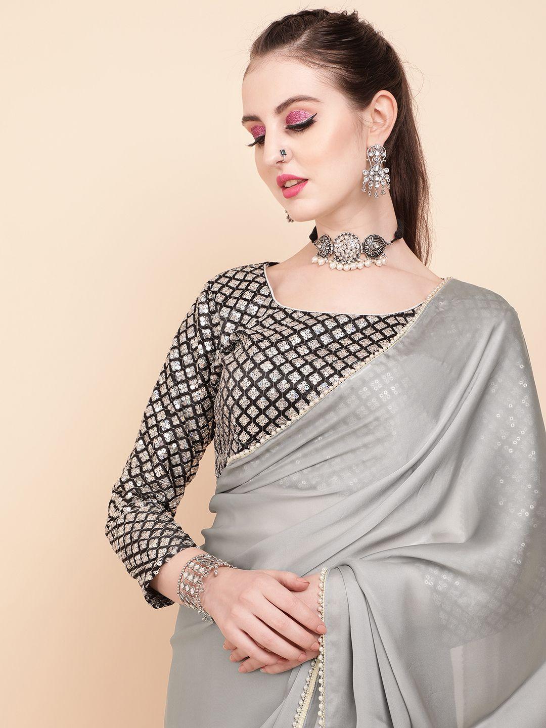 sangria grey & white beads and stones satin pearl border party saree