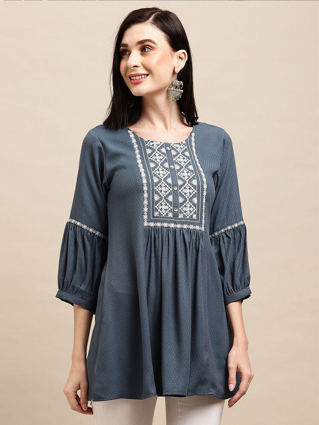 sangria grey ethnic embroidered a-line top