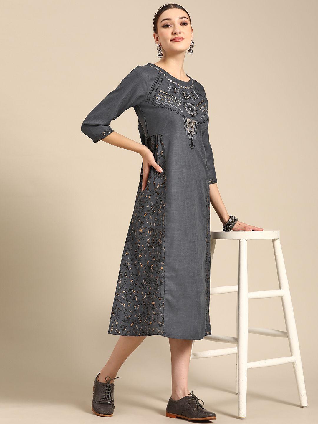 sangria grey ethnic motifs embroidered cotton a-line midi ethnic dress