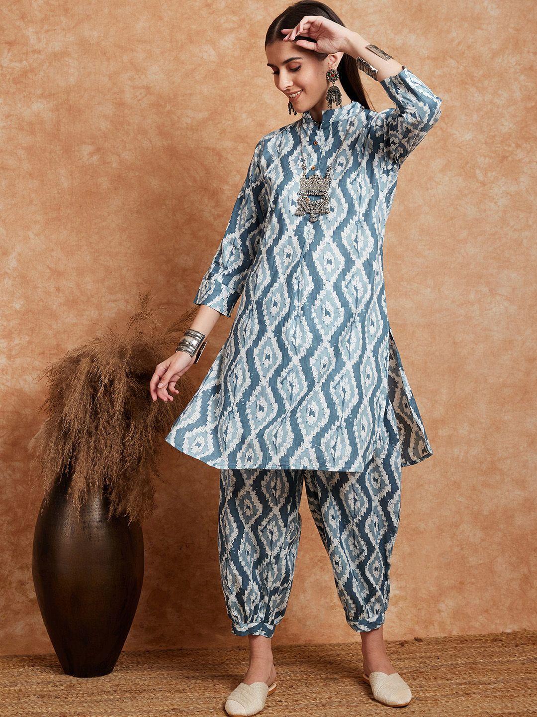 sangria grey ethnic motifs printed cotton a-line kurta with salwar