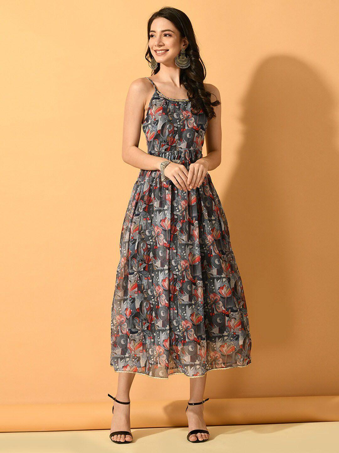 sangria grey floral printed fit & flare dress