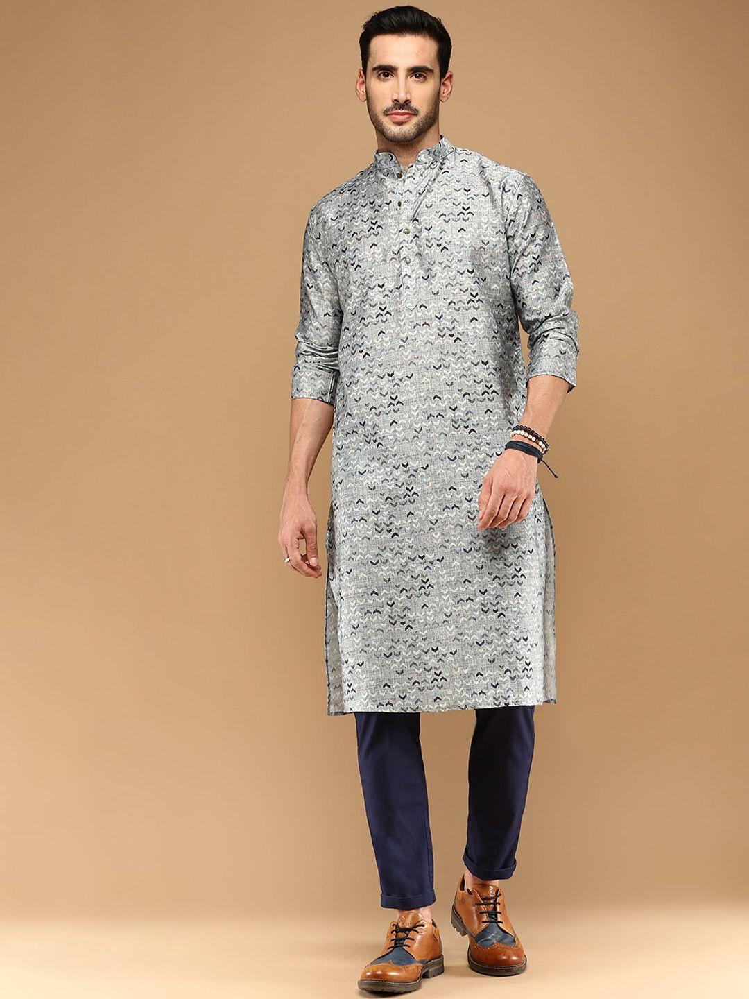 sangria grey geometric printed mandarin collar cotton straight kurta