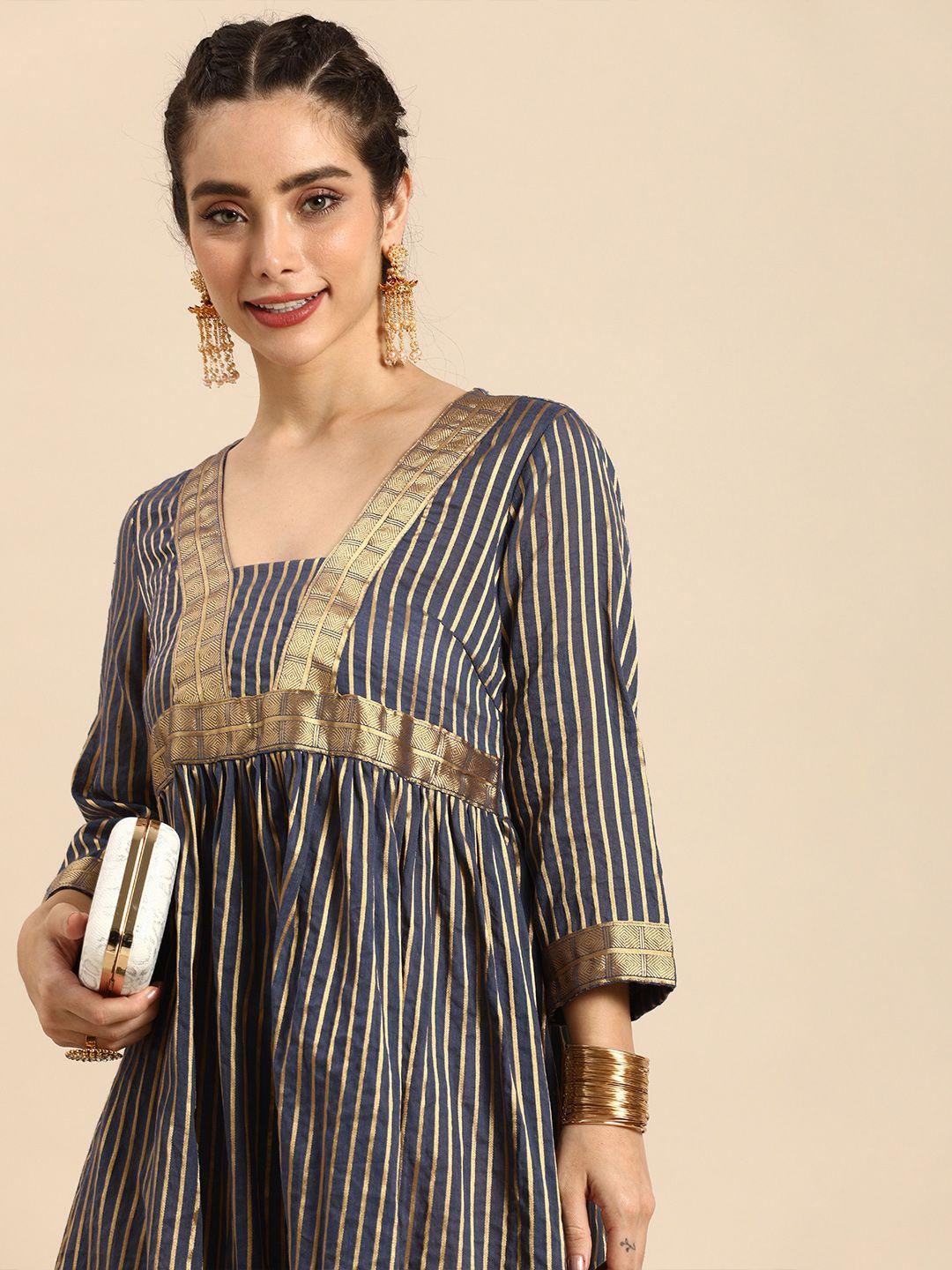 sangria grey striped fit & flare ethnic dress