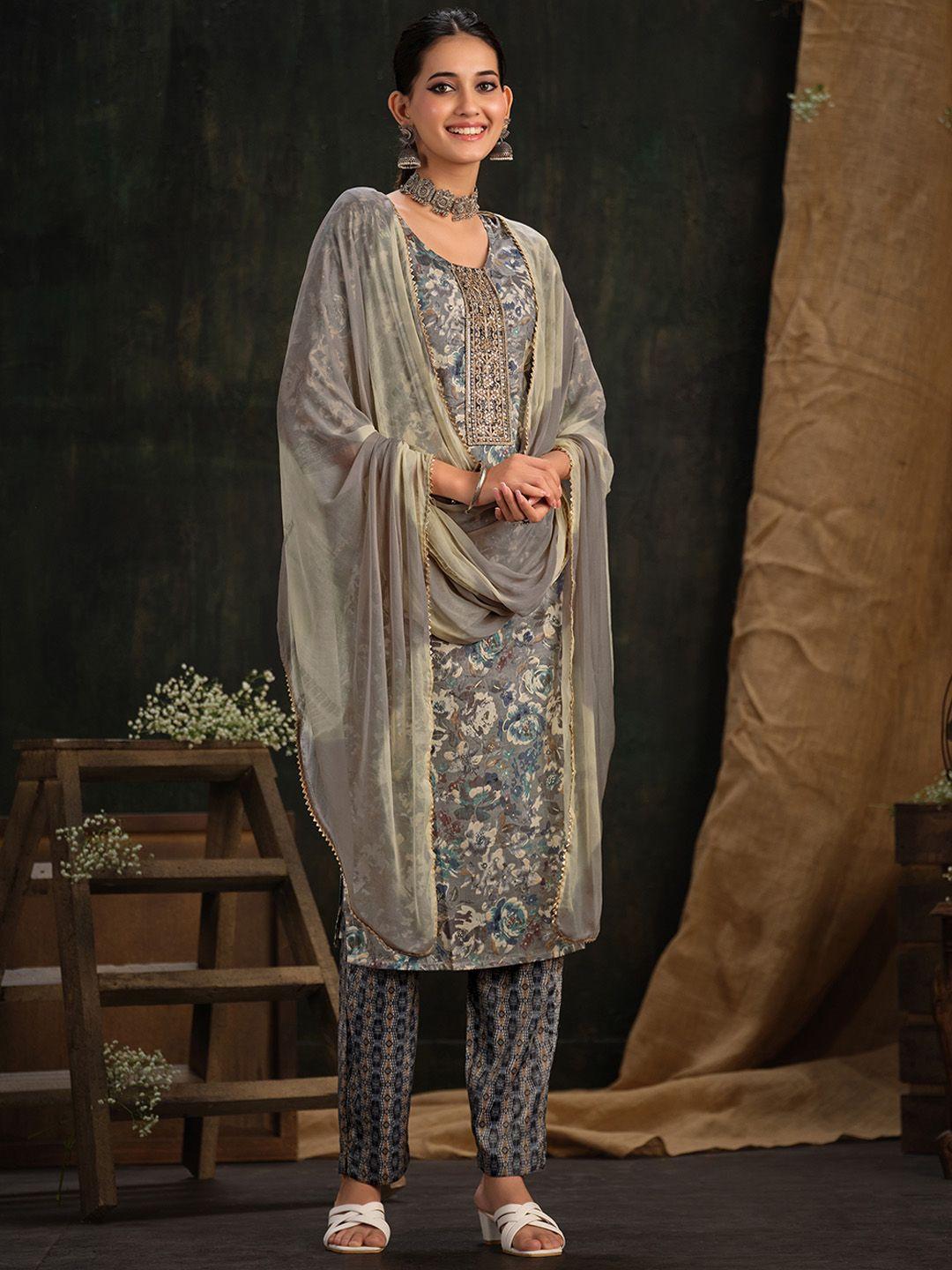 sangria grey yoke design embroidered sequinned straight kurta with trouser & dupatta