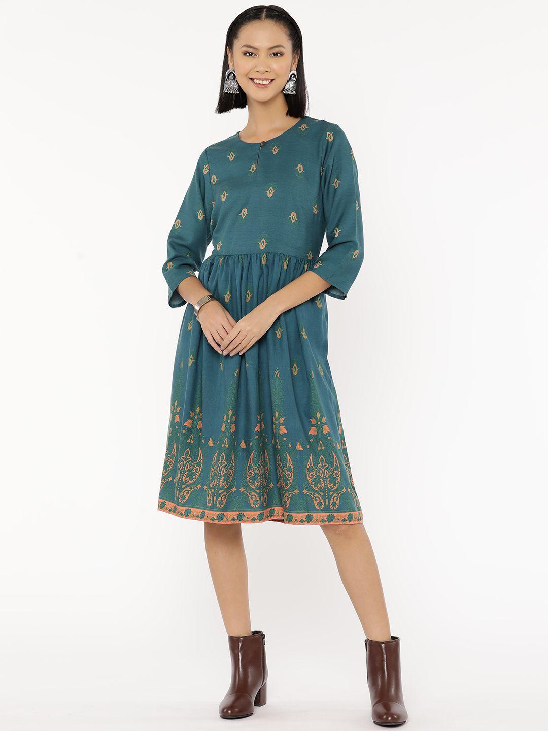 sangria keyhole neck flared hem pleated detail a-line printed ethnic dress