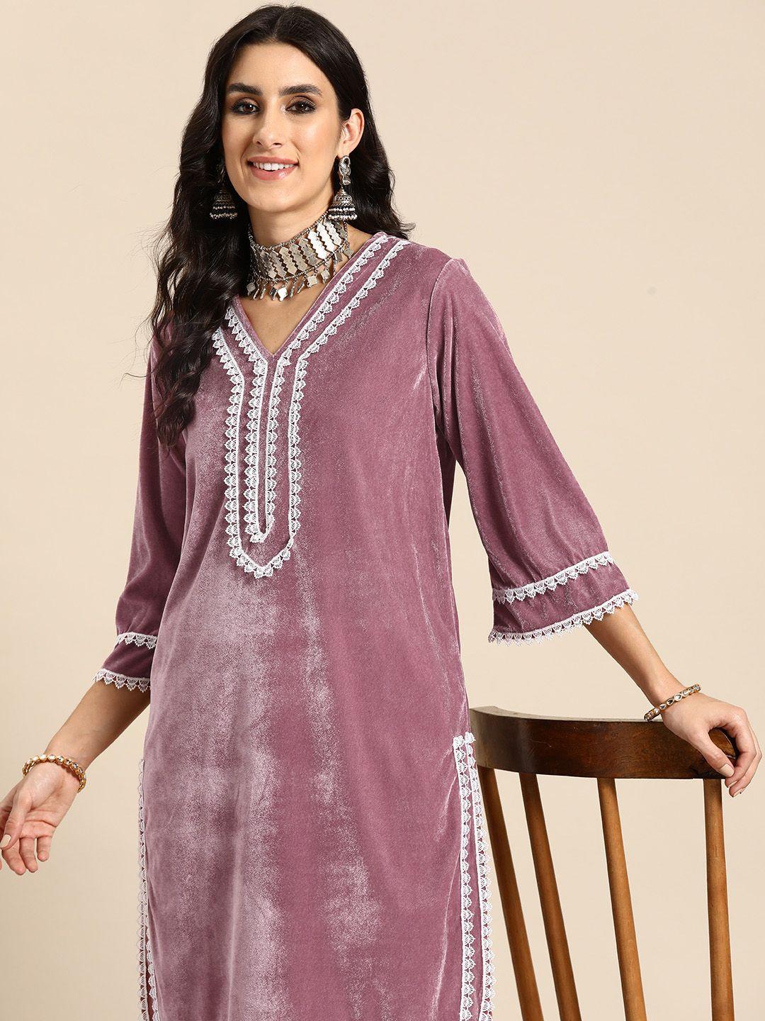 sangria lace inserted velvet kurta