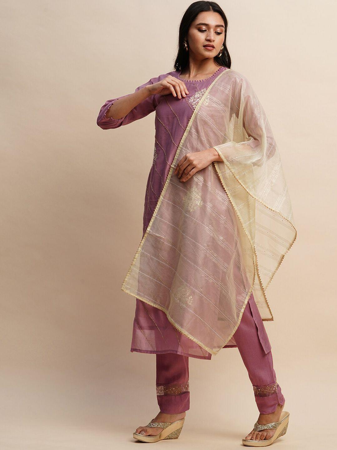 sangria lavender & cream embroidered straight kurta with trouser & dupatta