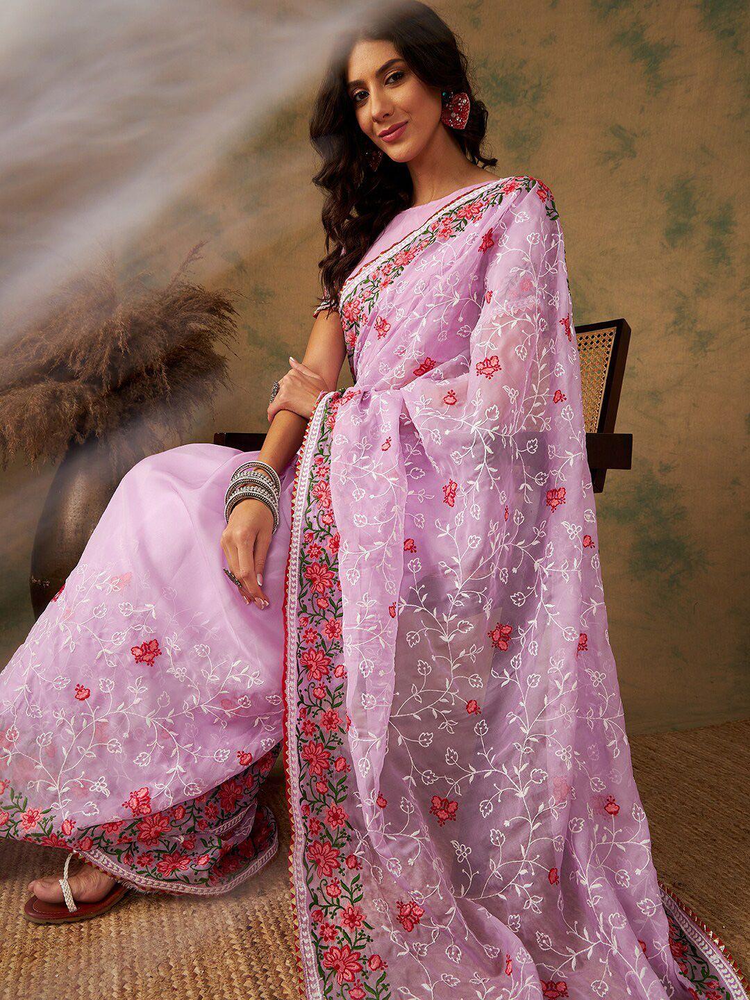 sangria lavender & pink floral embroidered organza saree