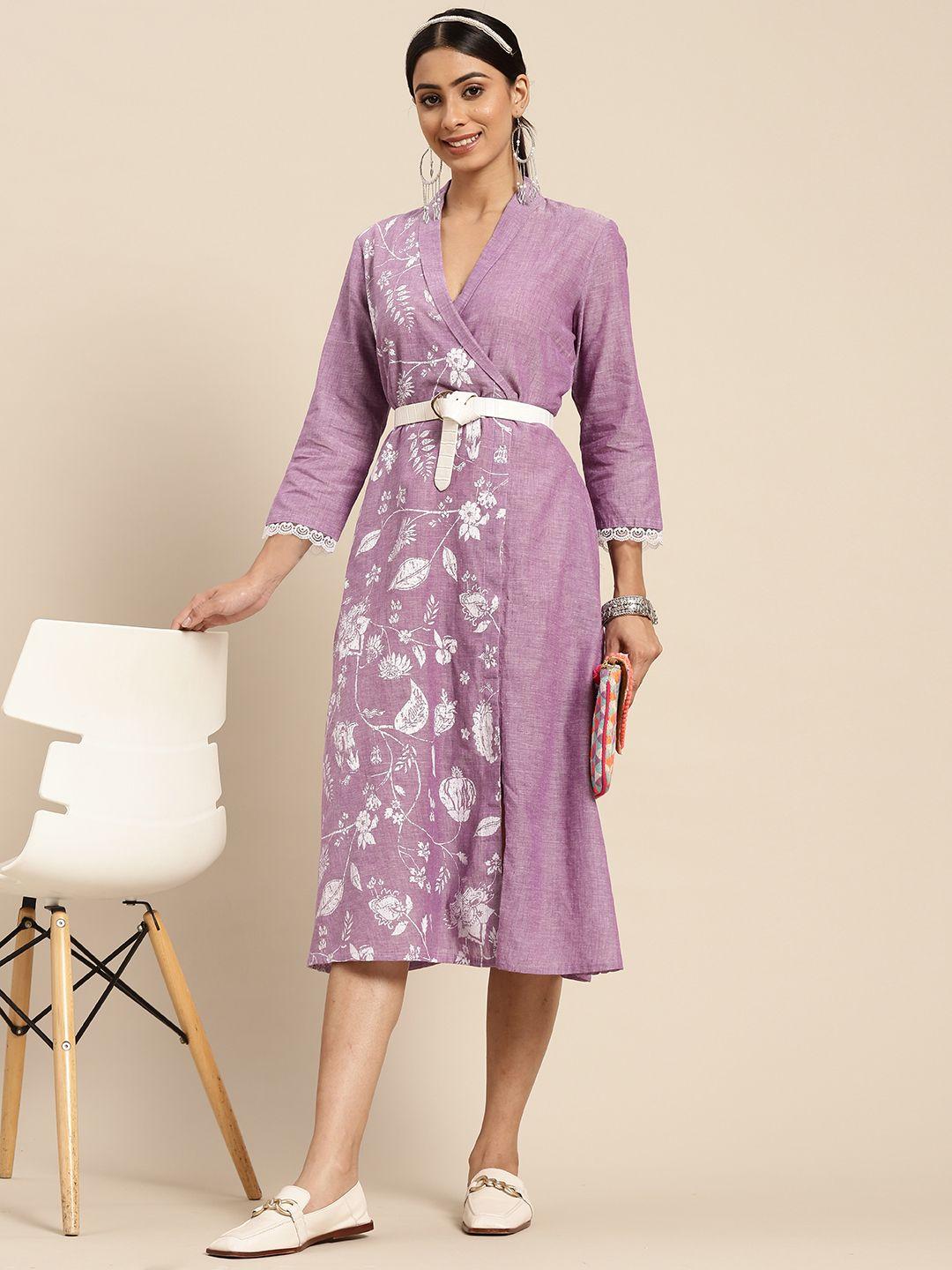 sangria lavender & white floral print shawl collar lace inserts wrap midi dress