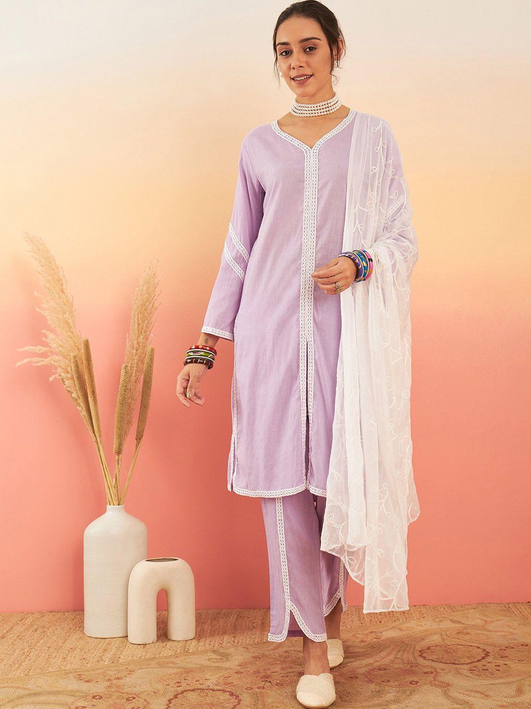 sangria lavender self-designed straight kurta with trouser & dupatta set