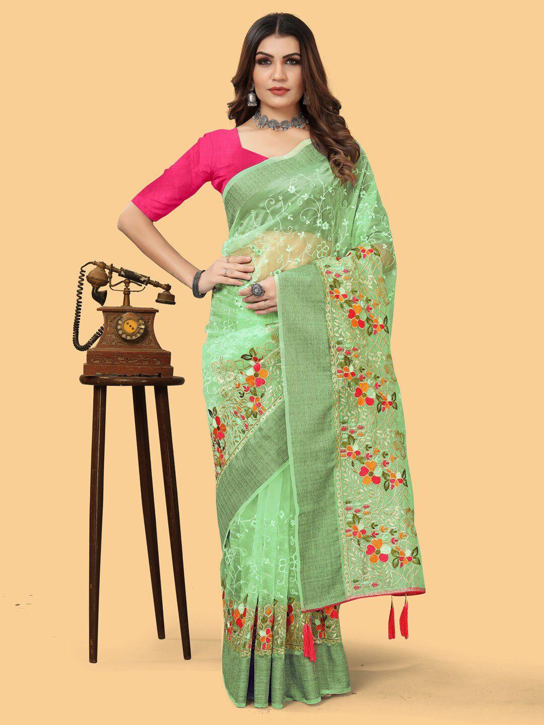 sangria light green & red floral embroidered zari organza bagh sarees