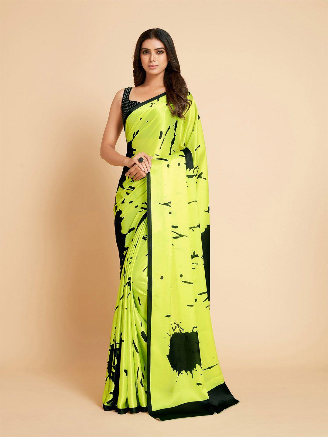 sangria lime green & black satin printed saree