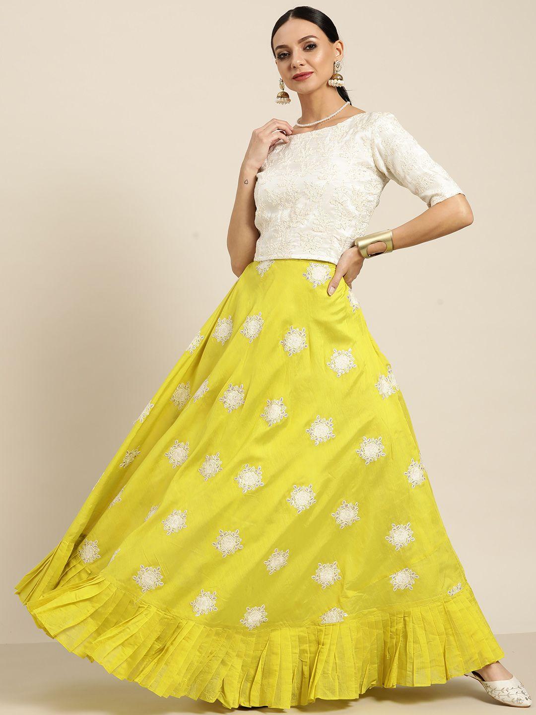 sangria lime green & white embroidered thread work ready to wear lehenga & choli