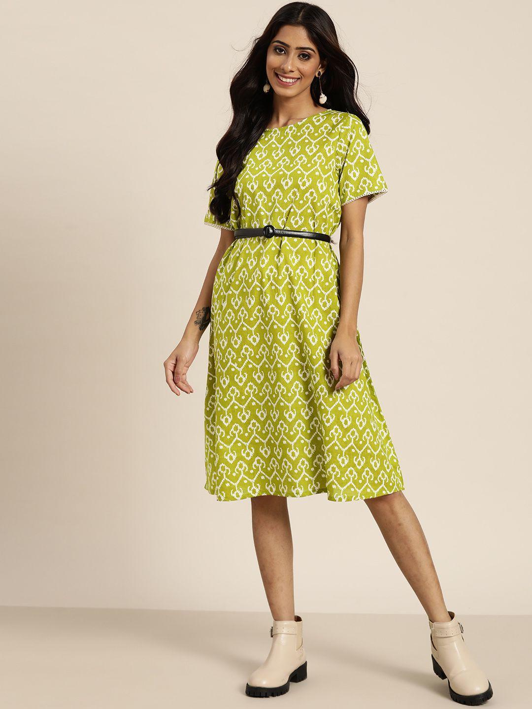 sangria lime green & white pure cotton ethnic motifs a-line midi dress