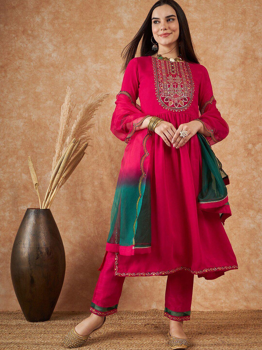 sangria magenta ethnic motifs yoke design a-line thread work kurta with trousers & dupatta