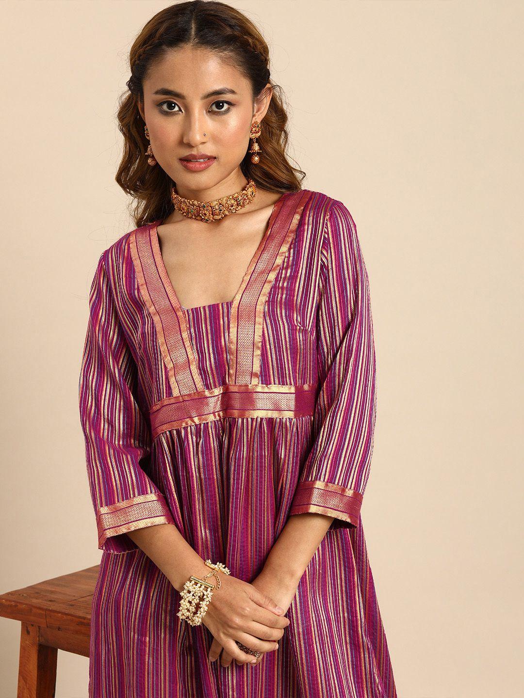 sangria magenta striped fit & flare ethnic dress