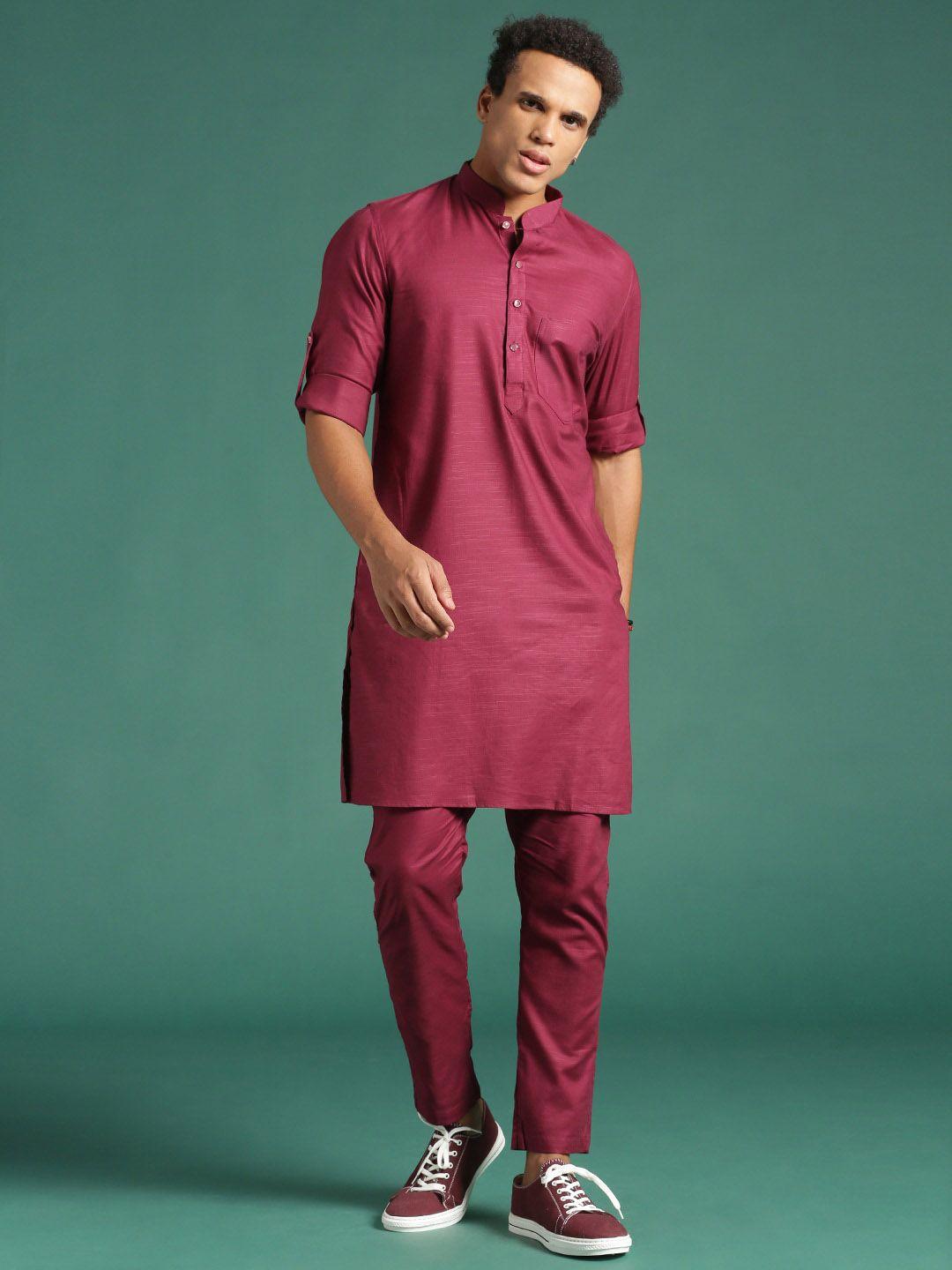 sangria mandarin collar roll-up sleeves straight kurta with trouser