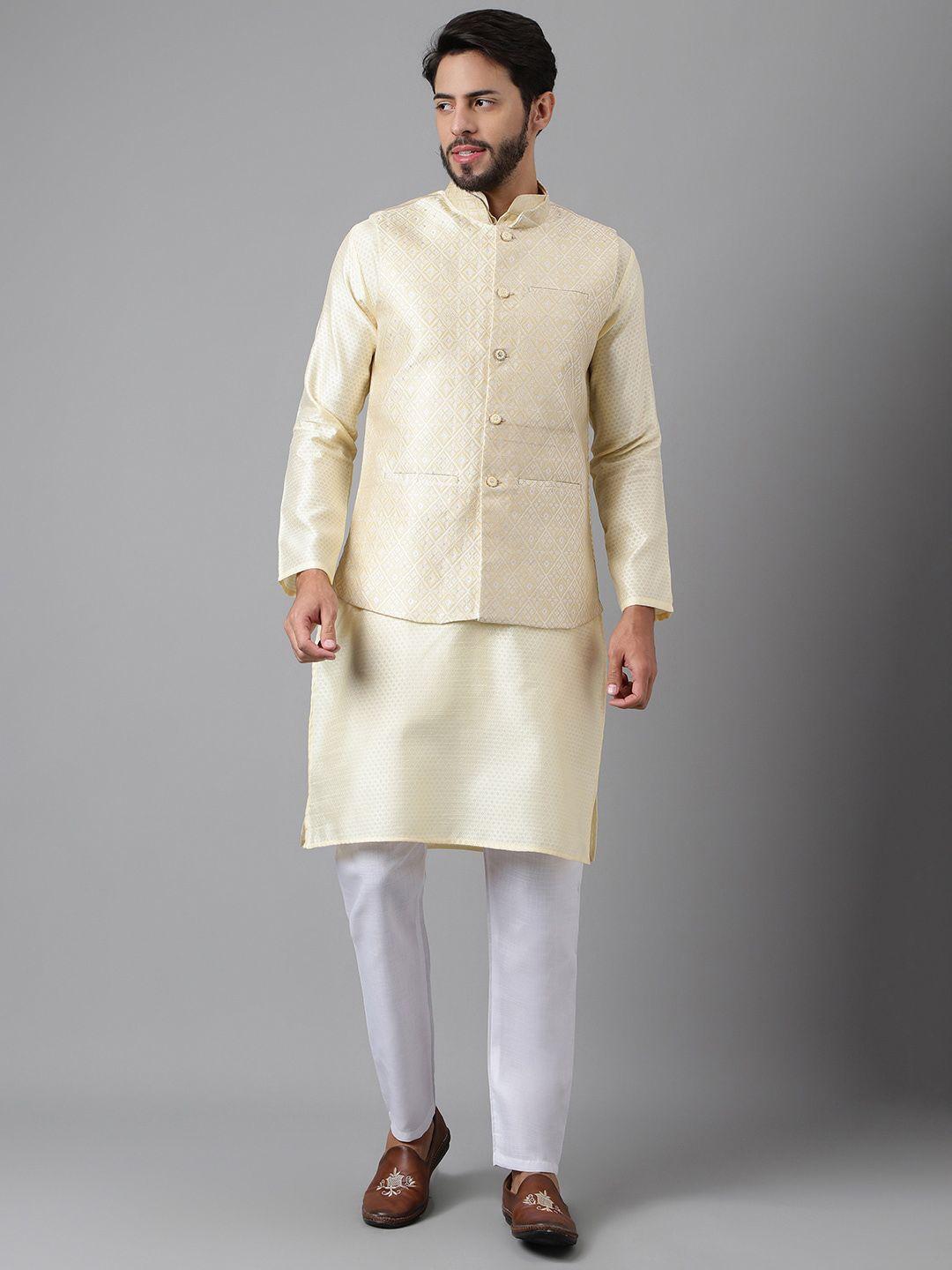 sangria mandarin collar straight kurta with pyjama & nehru jacket