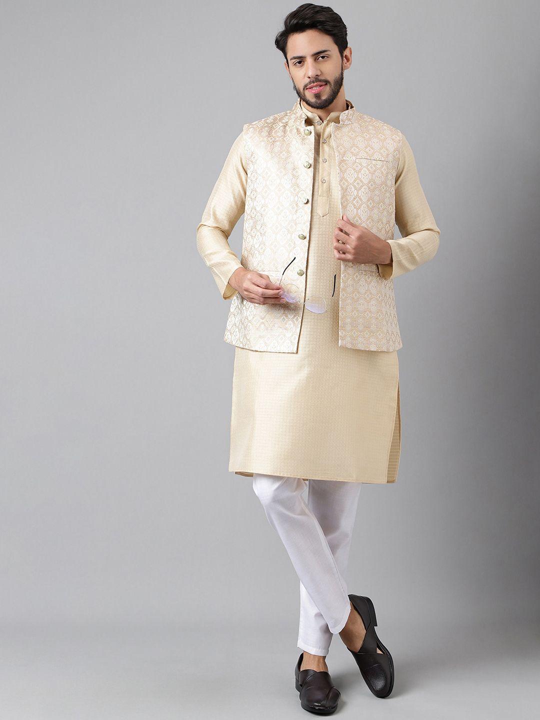 sangria mandarin collar straight kurta with trouser & nehru jacket