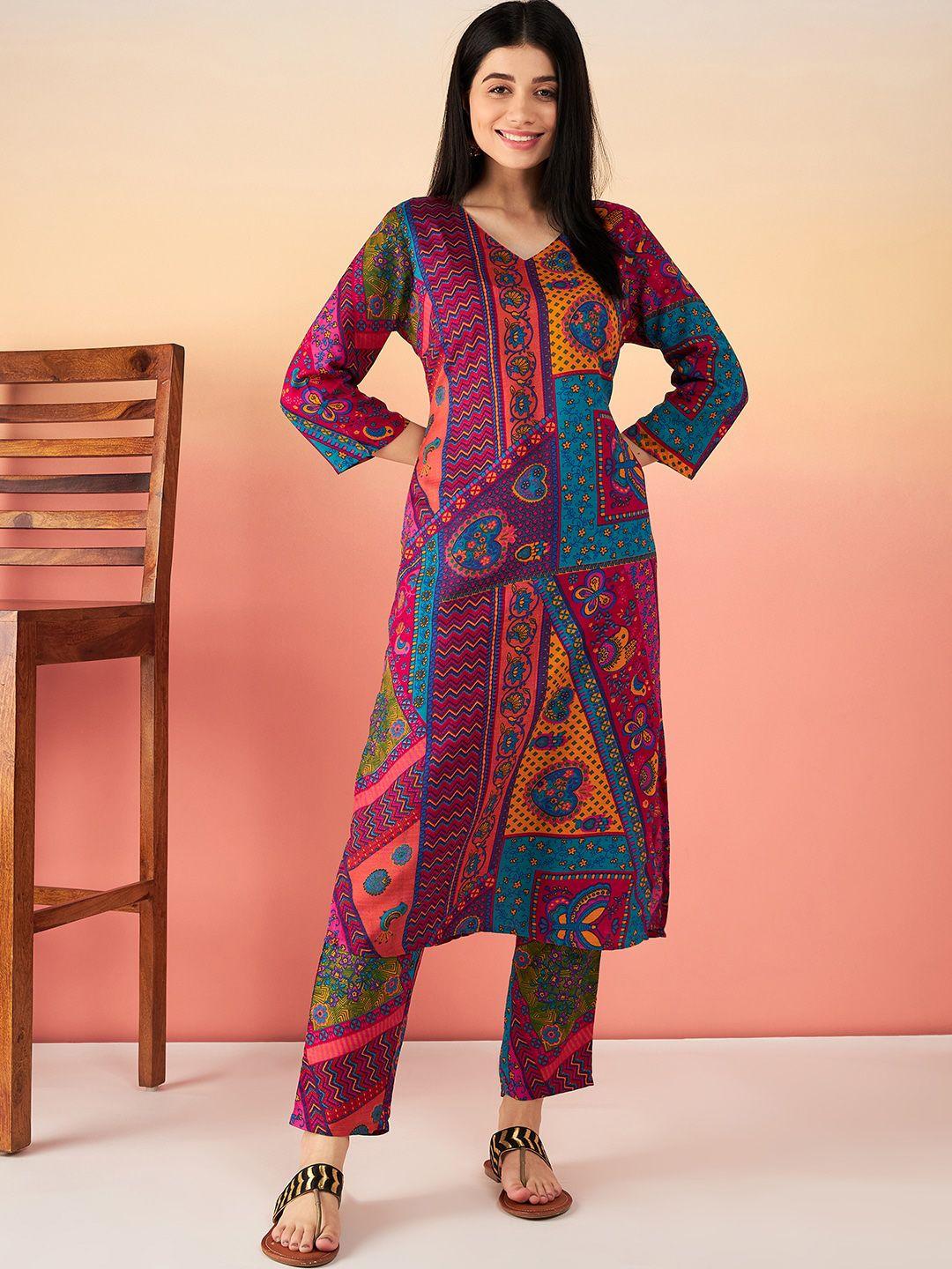 sangria maroon & blue ethnic motifs printed straight kurta with trousers