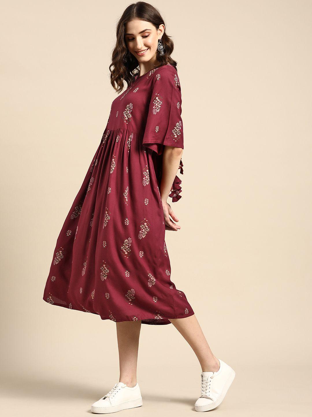 sangria maroon & grey floral ethnic a-line midi dress