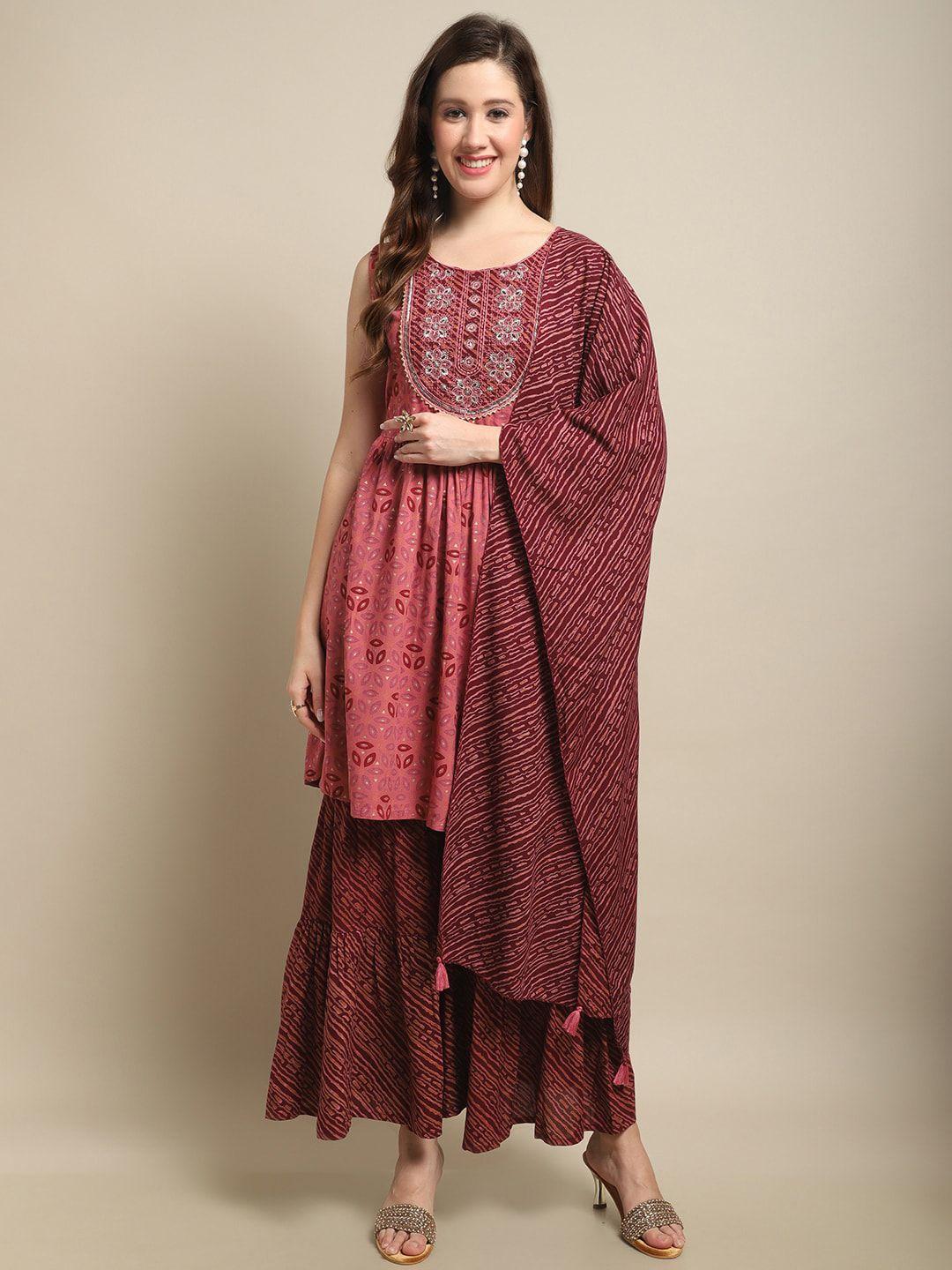 sangria maroon & pink ethnic motif printed thread work kurta with sharara & dupatta