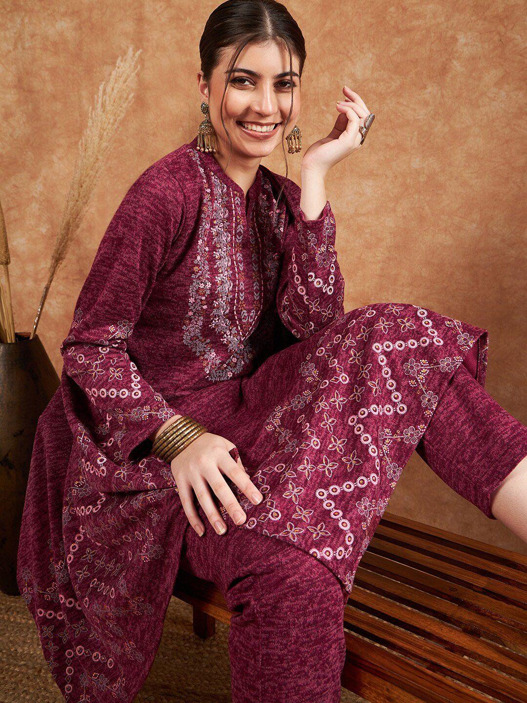 sangria maroon & white floral printed straight kurta with trousers & dupatta