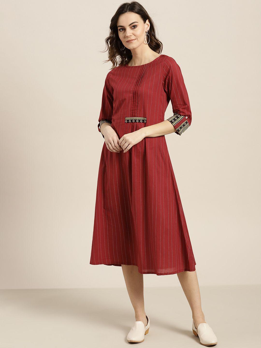 sangria maroon & white striped a-line dress