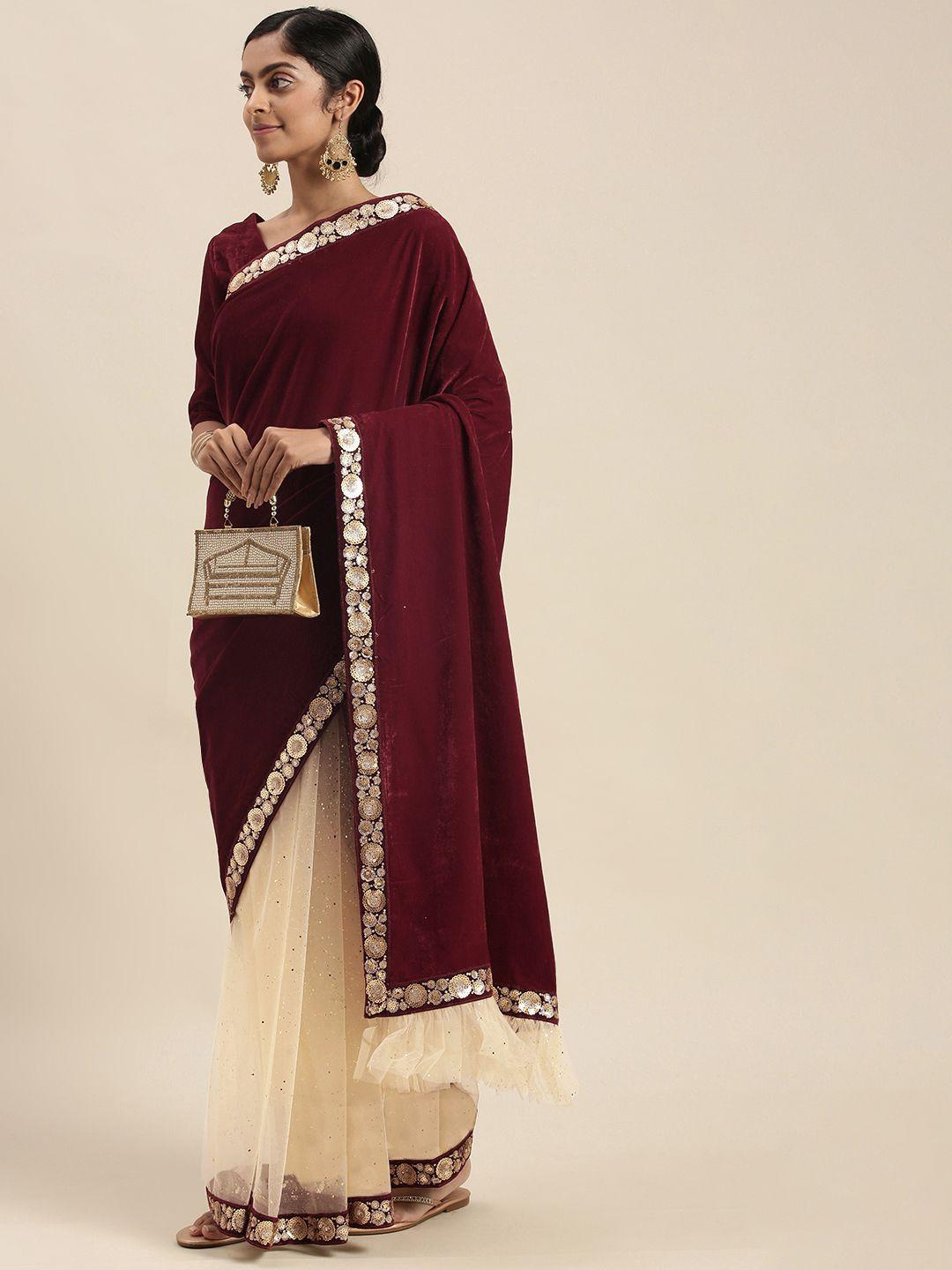 sangria maroon embellished embroidered velvet net half and half saree