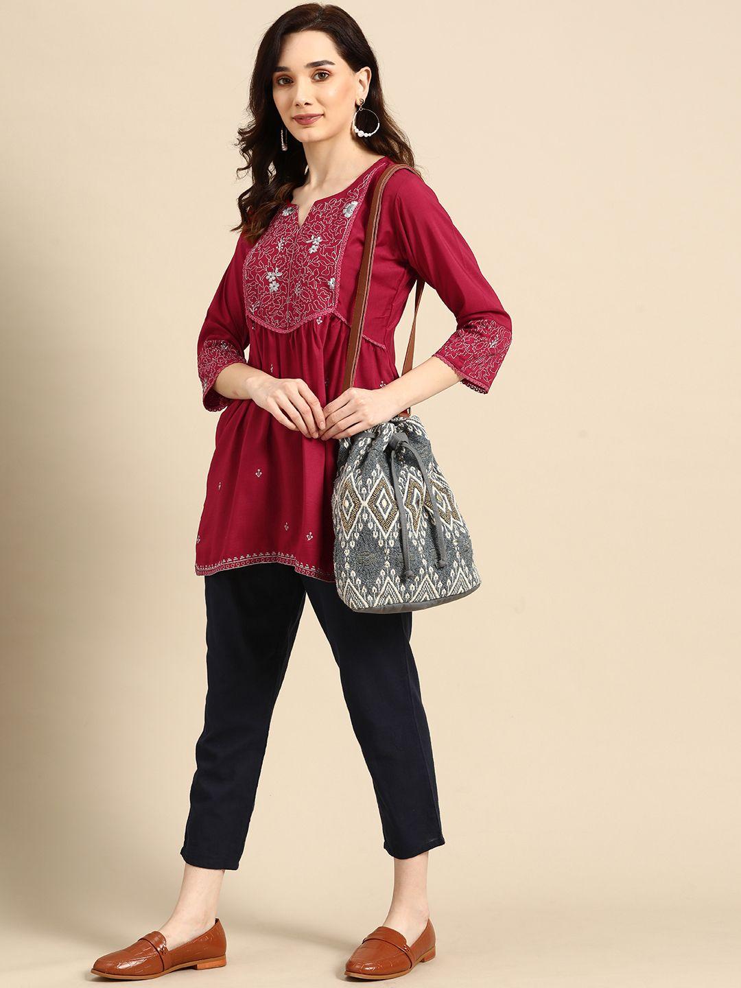 sangria maroon embroidered longline top