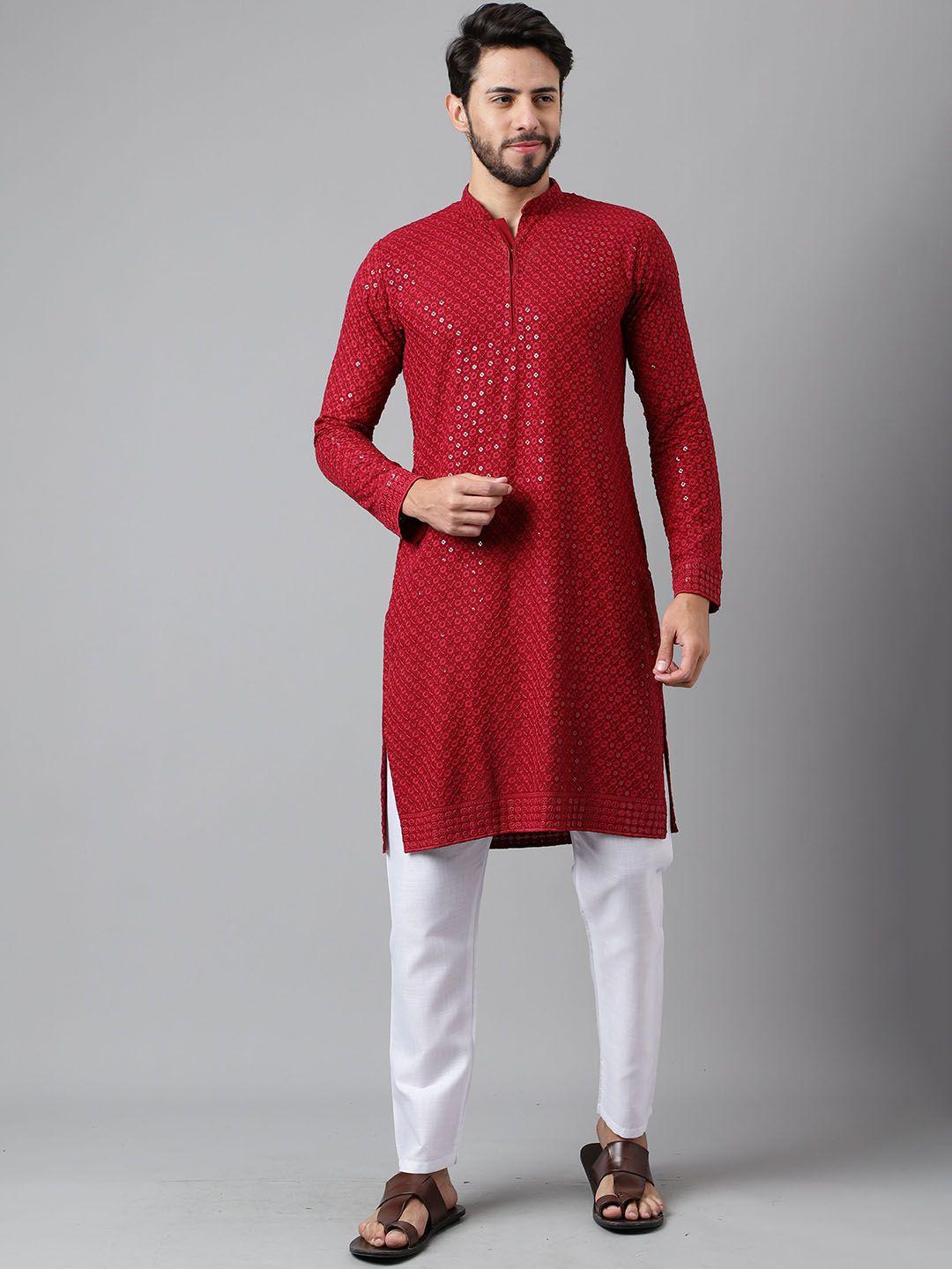 sangria maroon ethnic embroidered mandarin collar cotton silk sequinned straight kurta