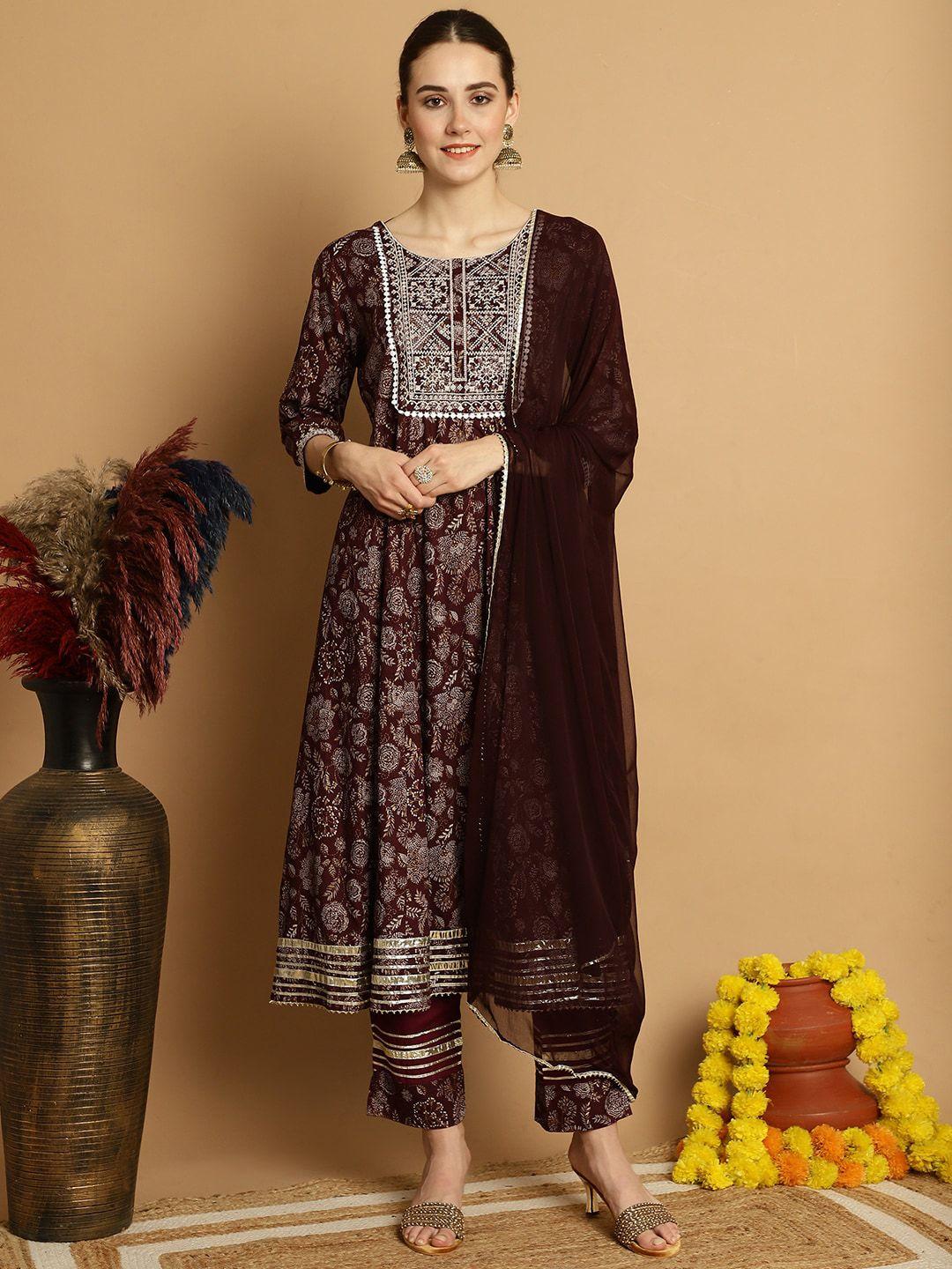 sangria maroon ethnic motifs printed gotta patti anarkali kurta & trouser with dupatta