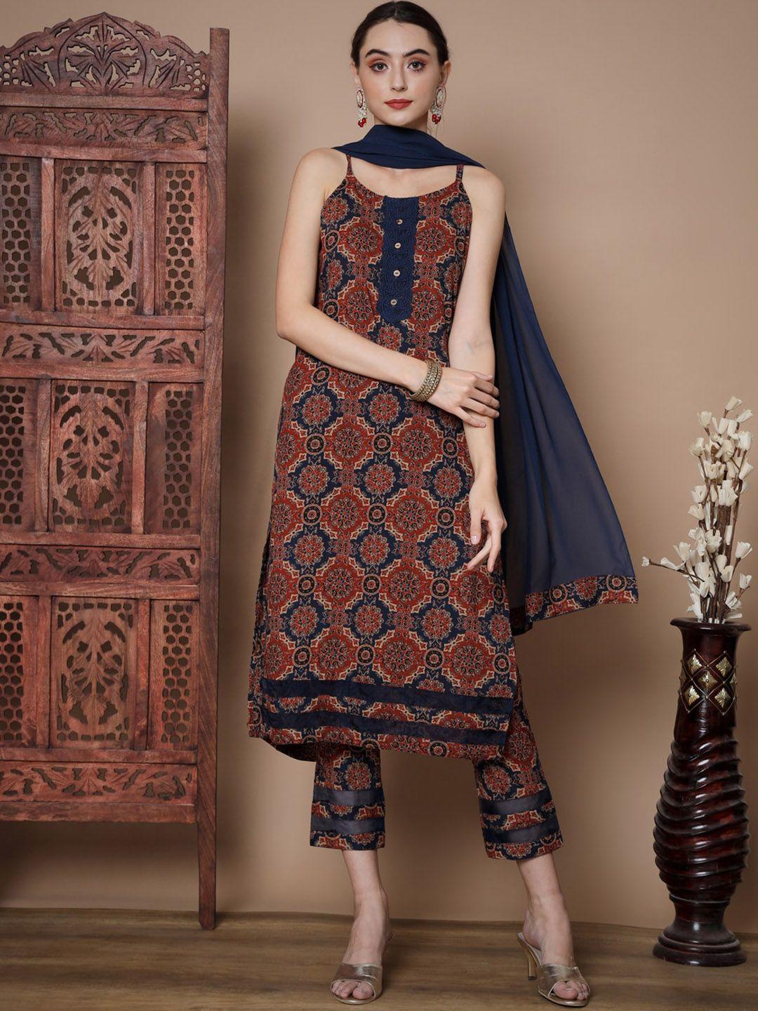 sangria maroon ethnic motifs printed pure cotton straight kurta with trousers & dupatta