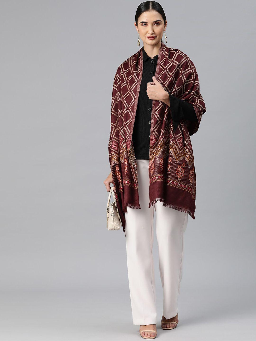 sangria maroon ethnic motifs women woven design pashmina shawl
