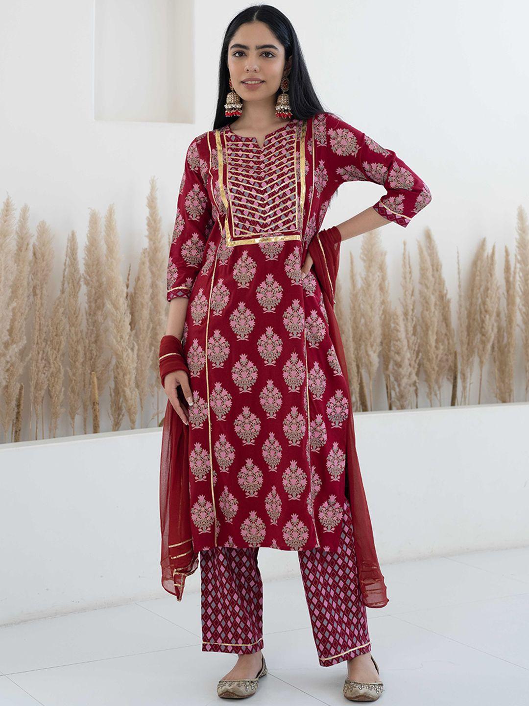 sangria maroon floral printed straight gotta patti kurta with trousers & dupatta