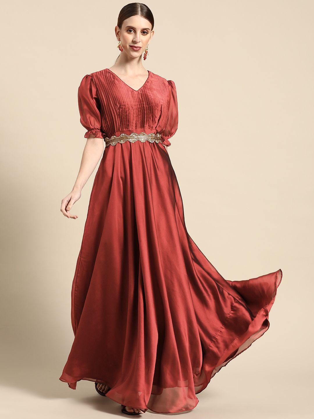 sangria maroon solid pleated ethnic maxi gown comes with a belt