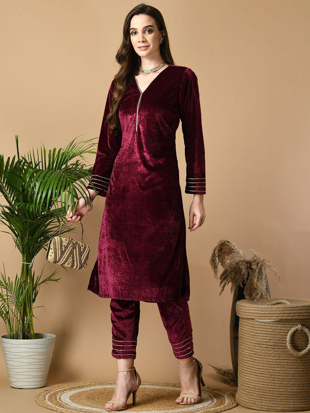 sangria maroon v-neck straight velvet kurta with trousers