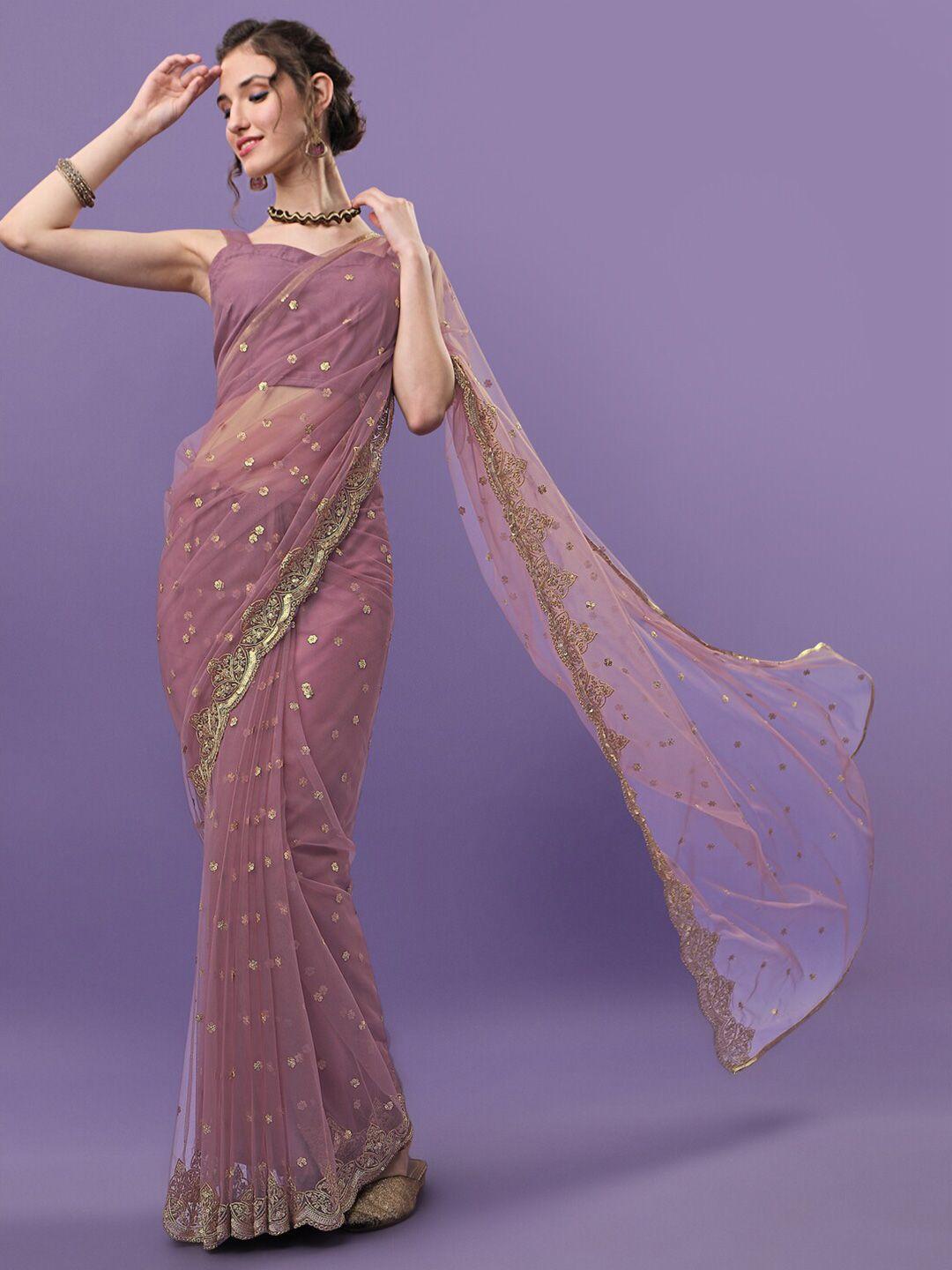 sangria mauve & gold-toned floral sequinned embroidered pastel net saree