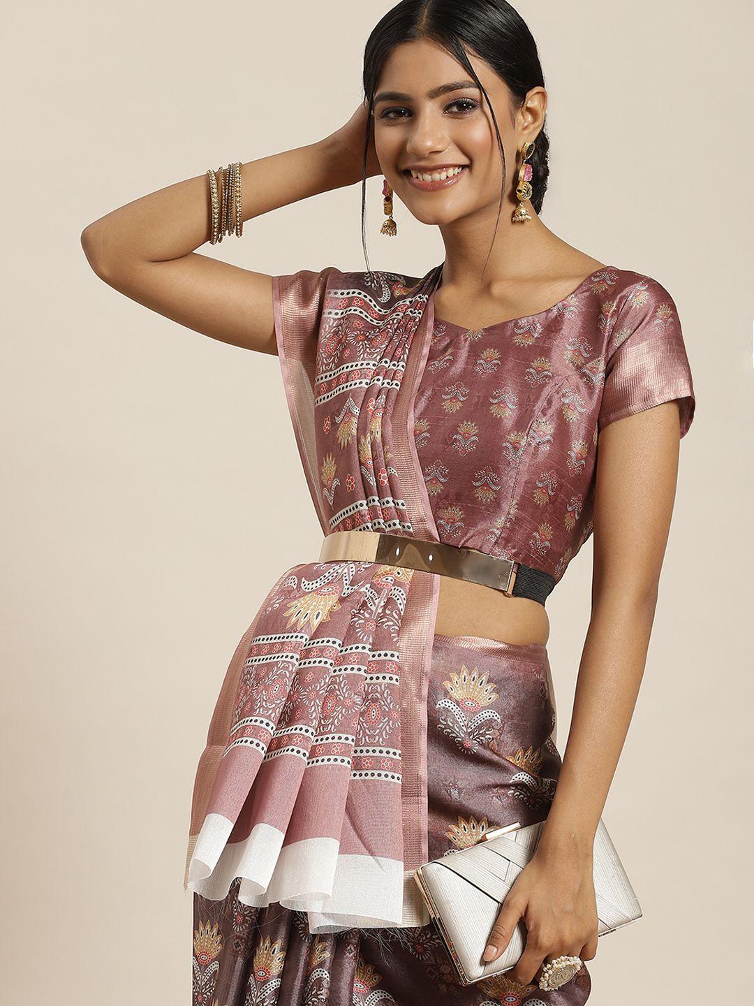 sangria mauve & white floral printed saree