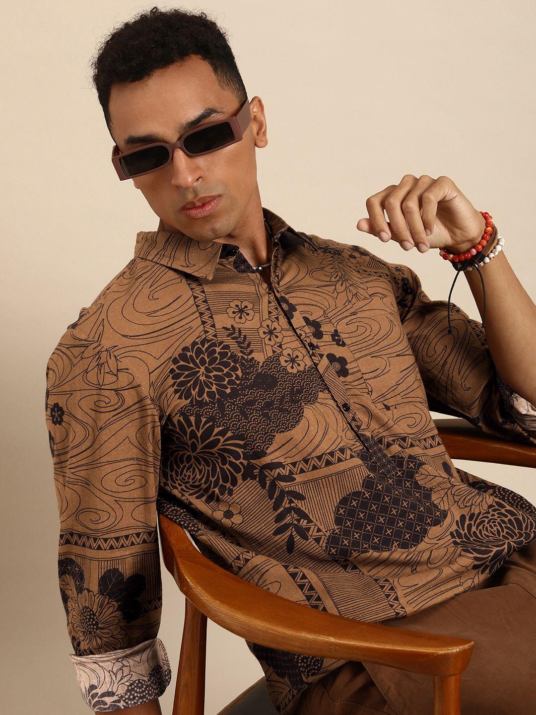 sangria men brown relaxed floral opaque printed casual shirt