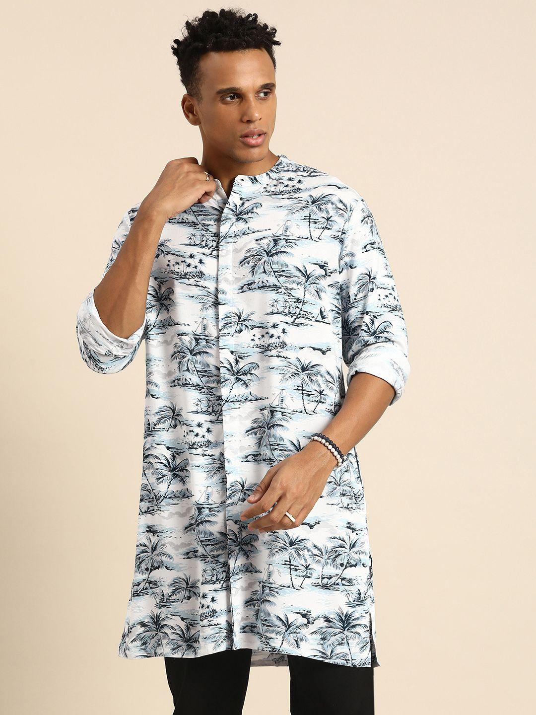 sangria men floral printed cotton kurta with concealed button placket