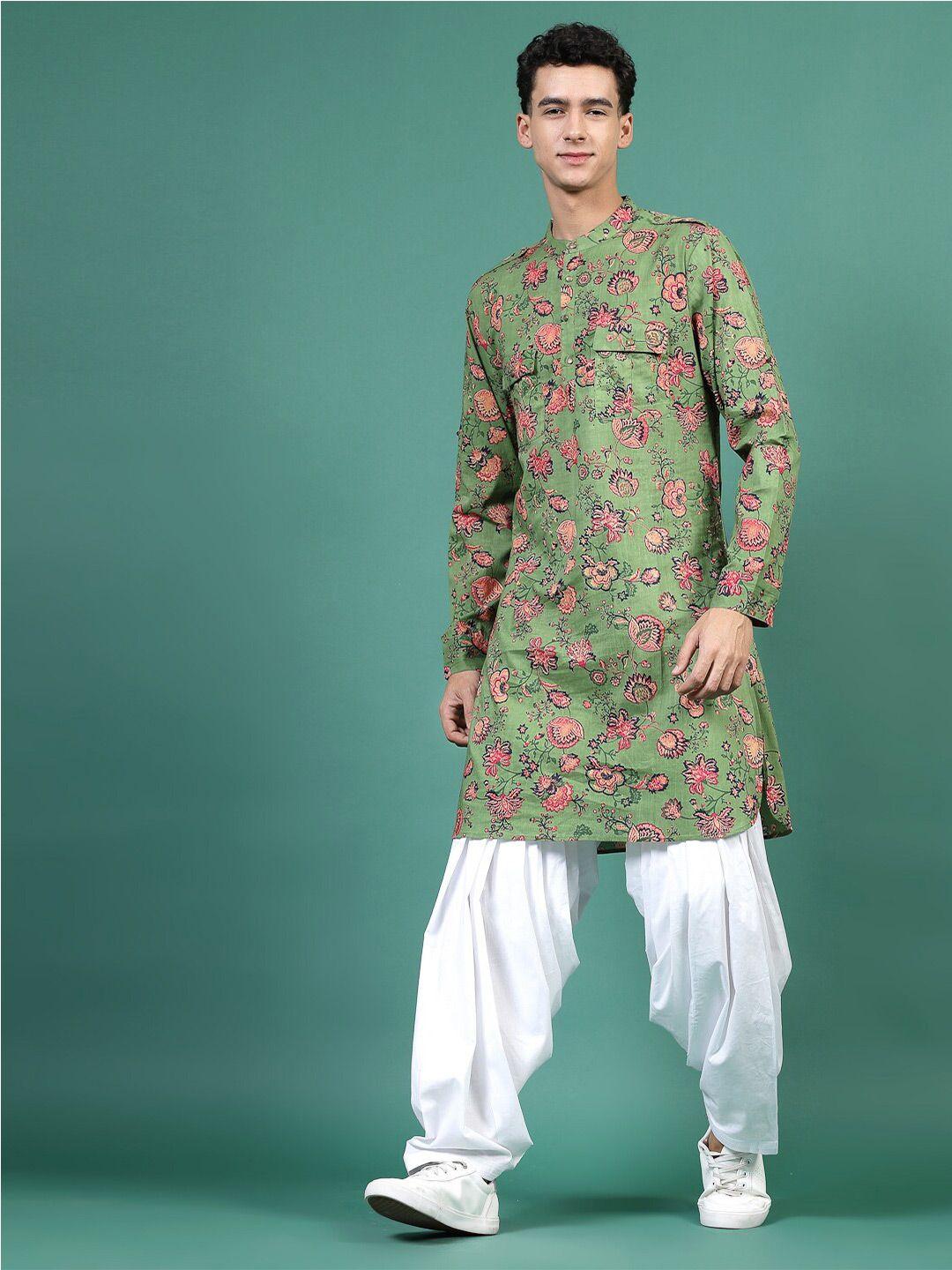 sangria men floral printed mandarin collar straight kurta